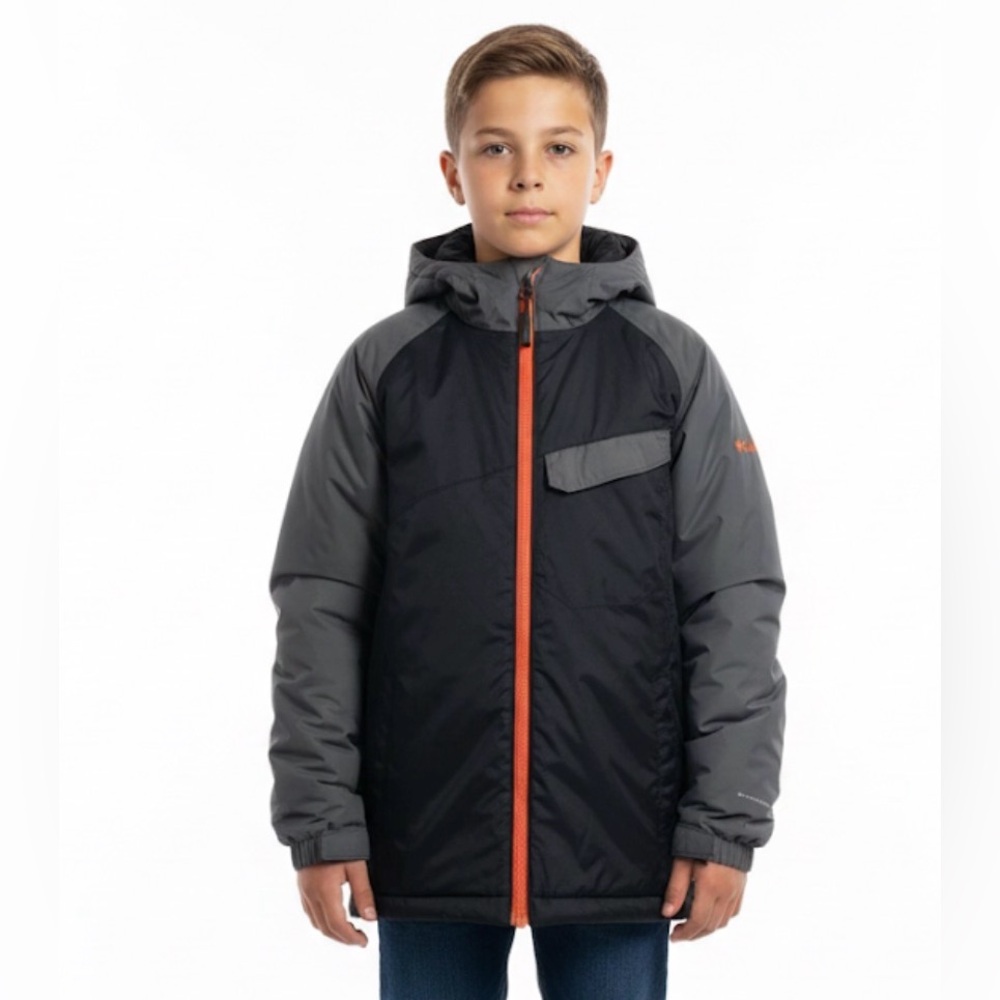 Columbia Boy Medium 10-12 Black Grey Orange Winter Lined Jacket Insulated Coat